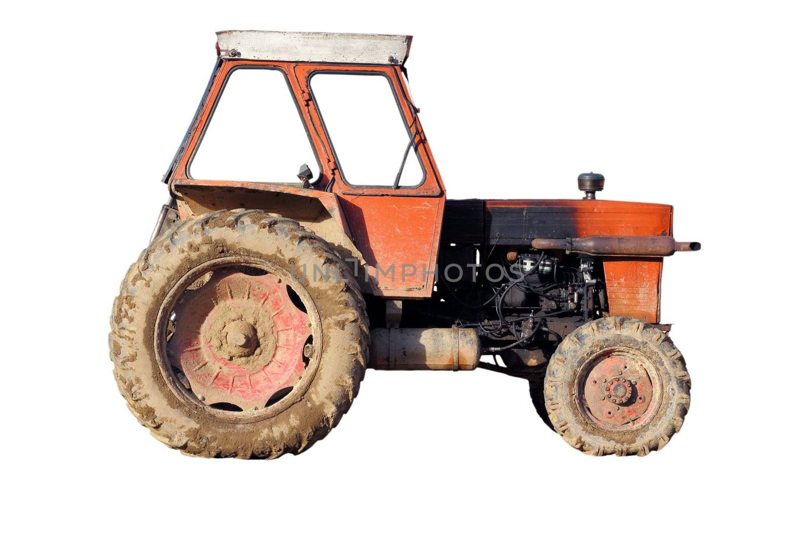 old dirty tractor isolated over white background