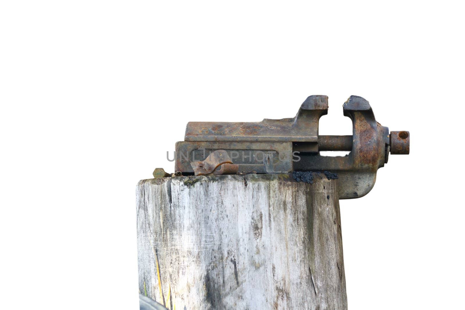 old rusty vise mounted on a spruce stump isolated over white background