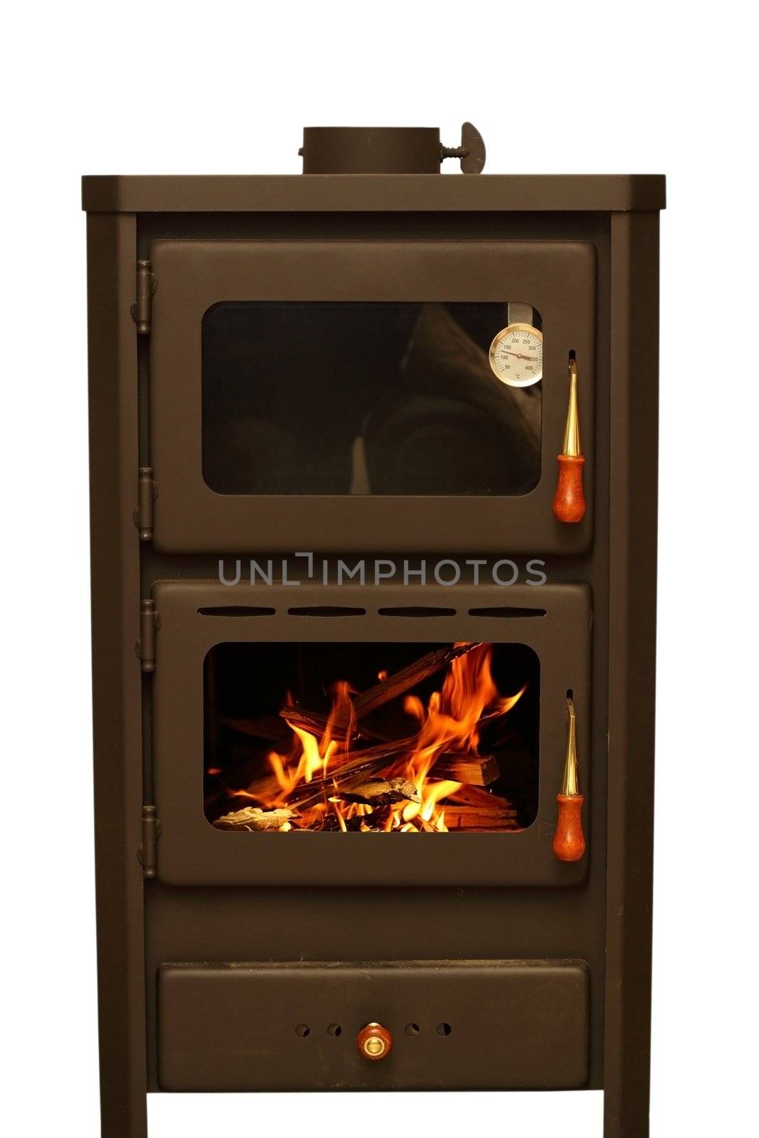 oven with wood ready for fire isolated over white background