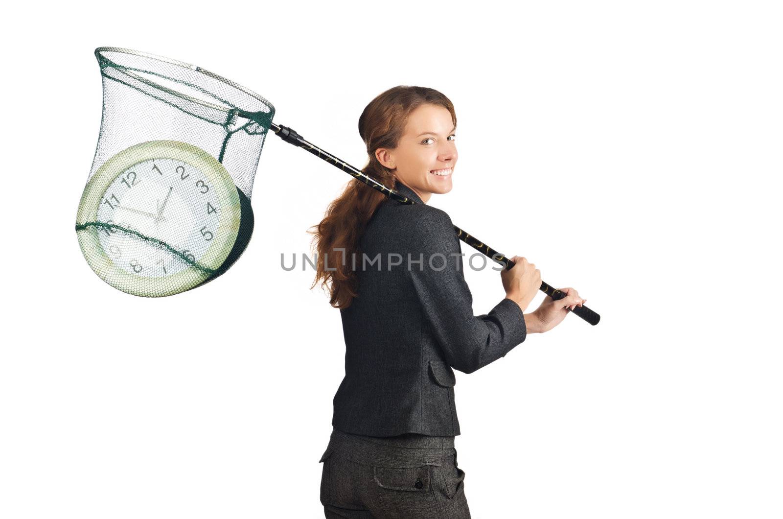 Businesswoman with net and clocks