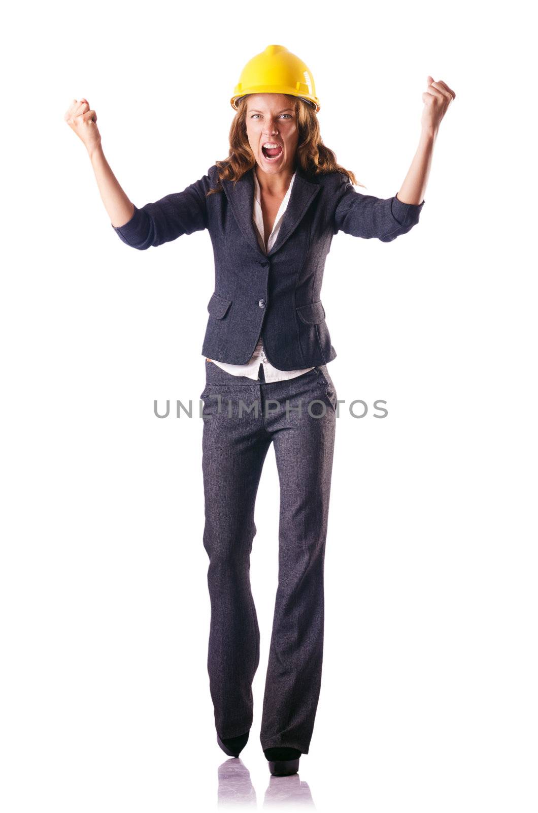 Woman construction worker with hard hat on white