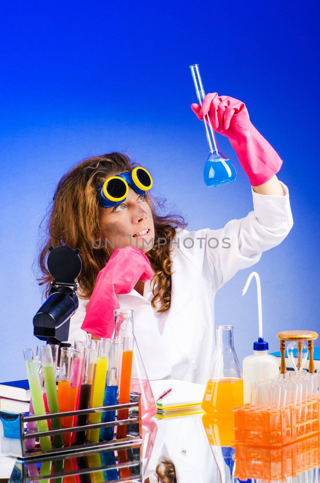 Funny female chemist in lab