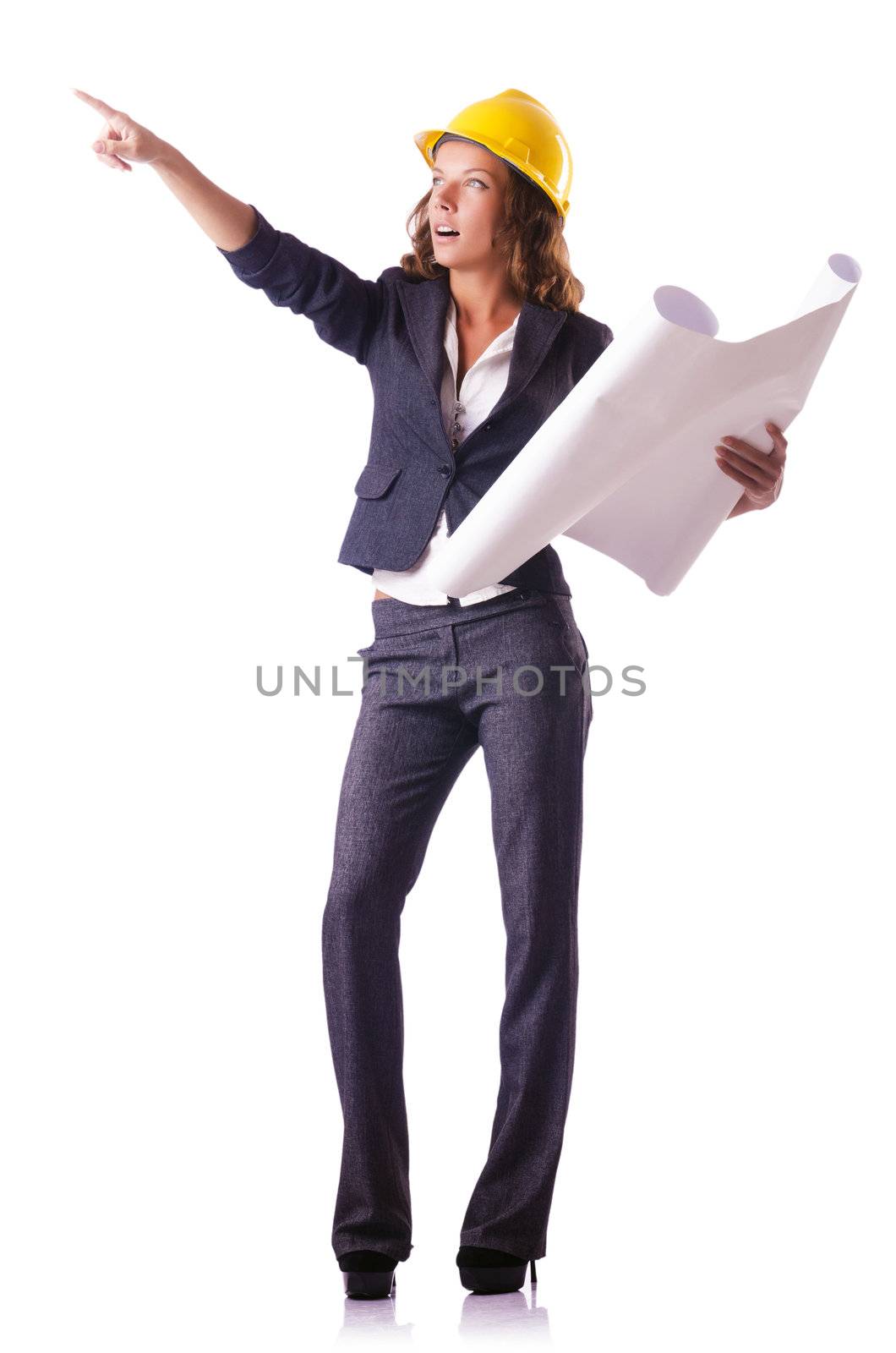 Woman construction worker with hard hat on white