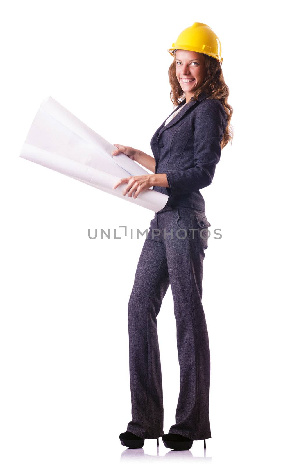 Woman construction worker with hard hat on white