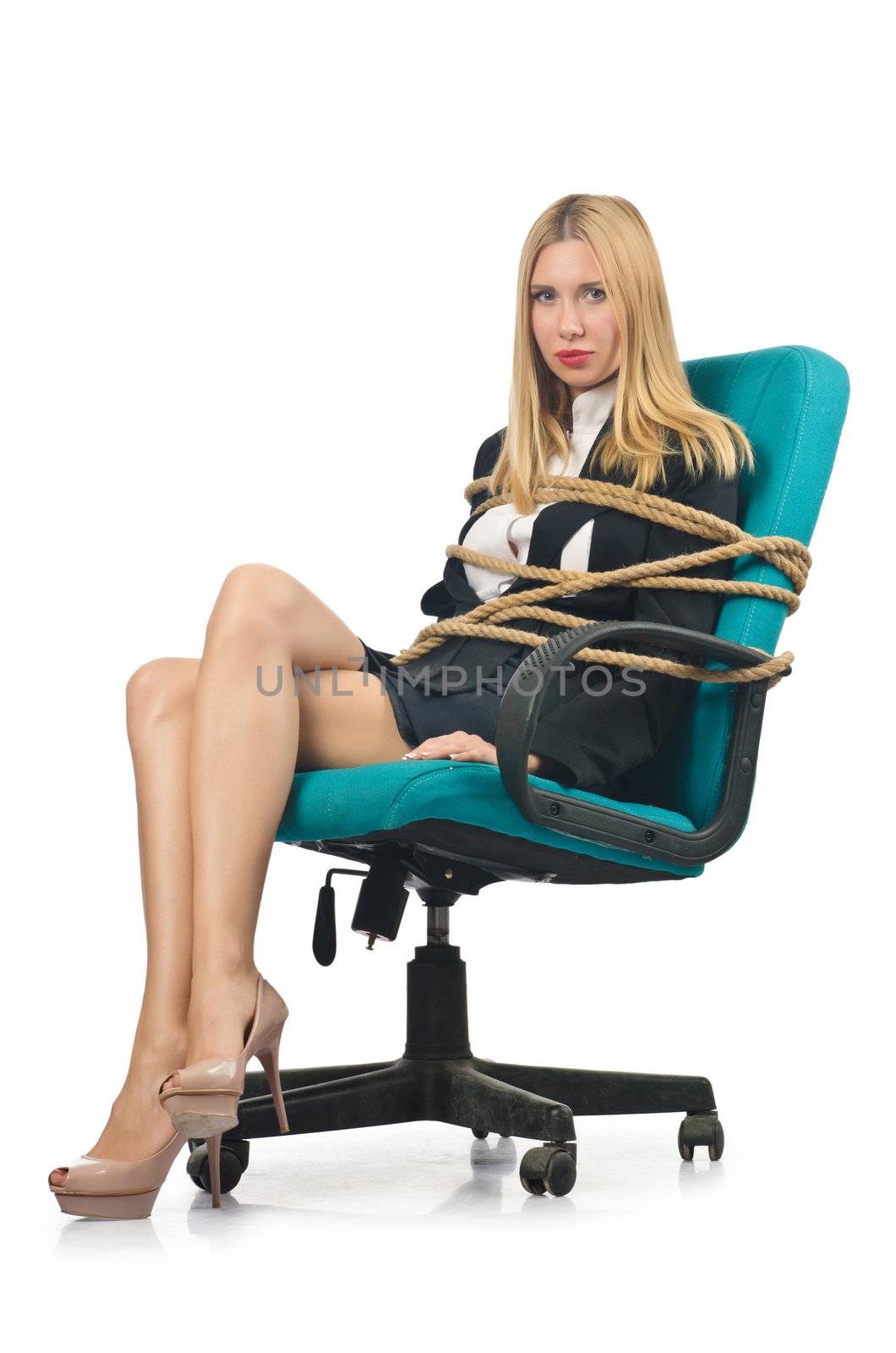 Businesswoman woman tied up with rope on white