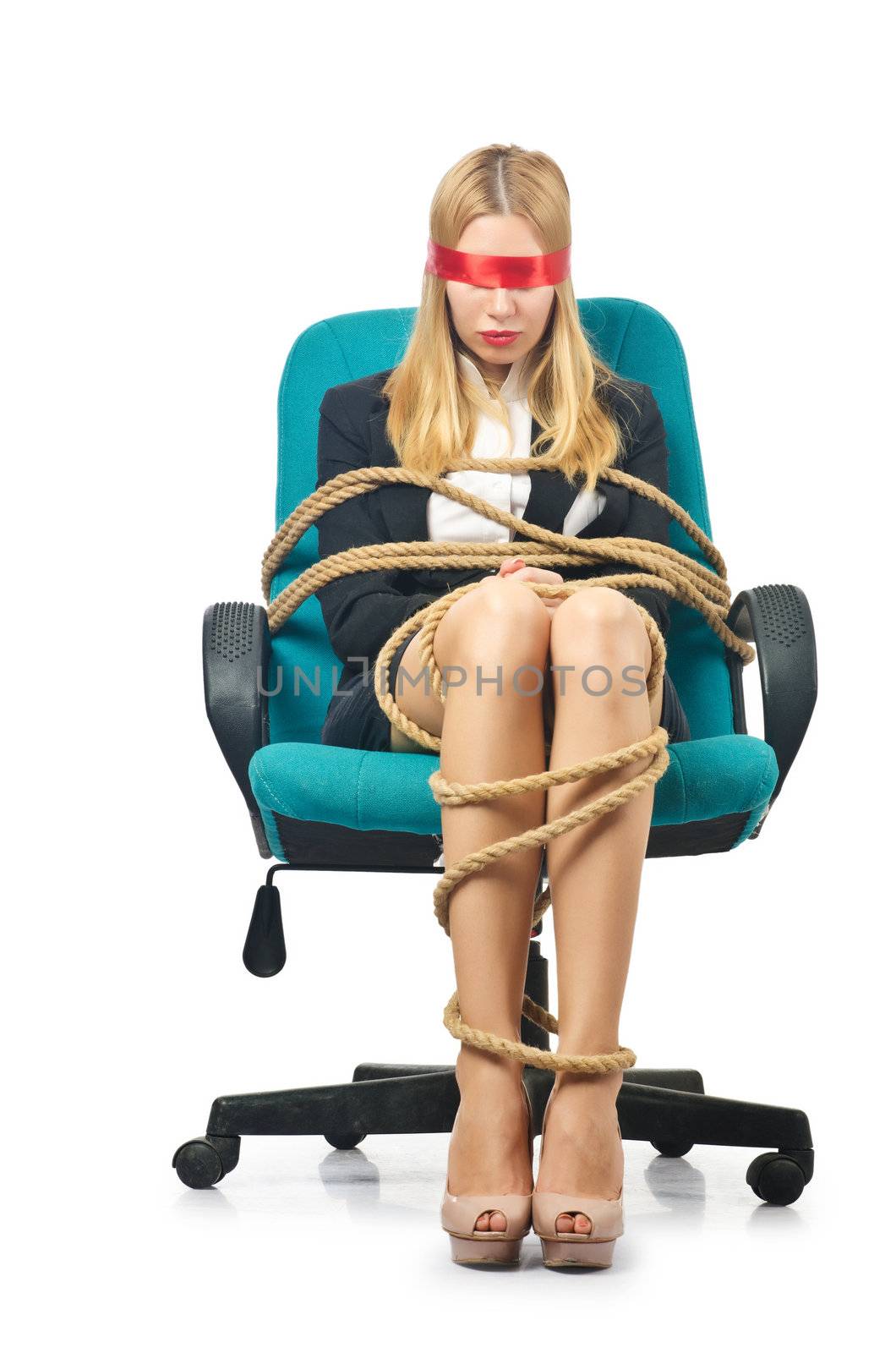 Businesswoman woman tied up with rope on white