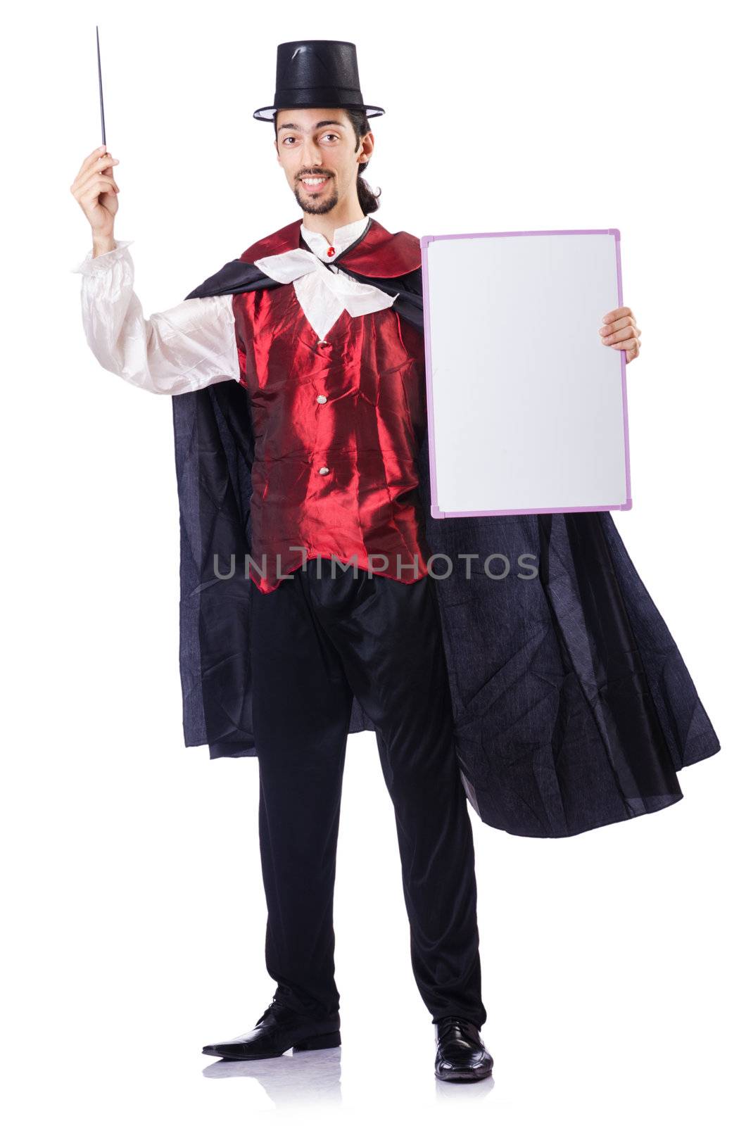 Magician with blank board on white