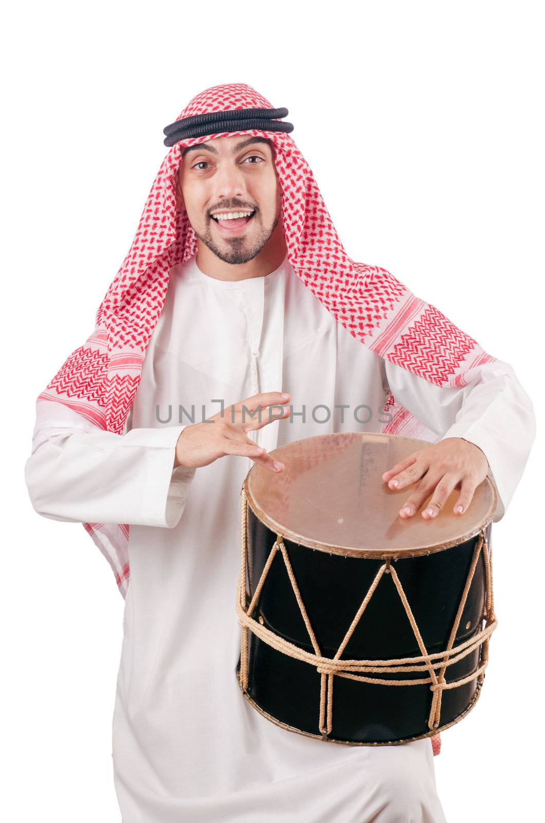Arab man playing drum isolated on white by Elnur