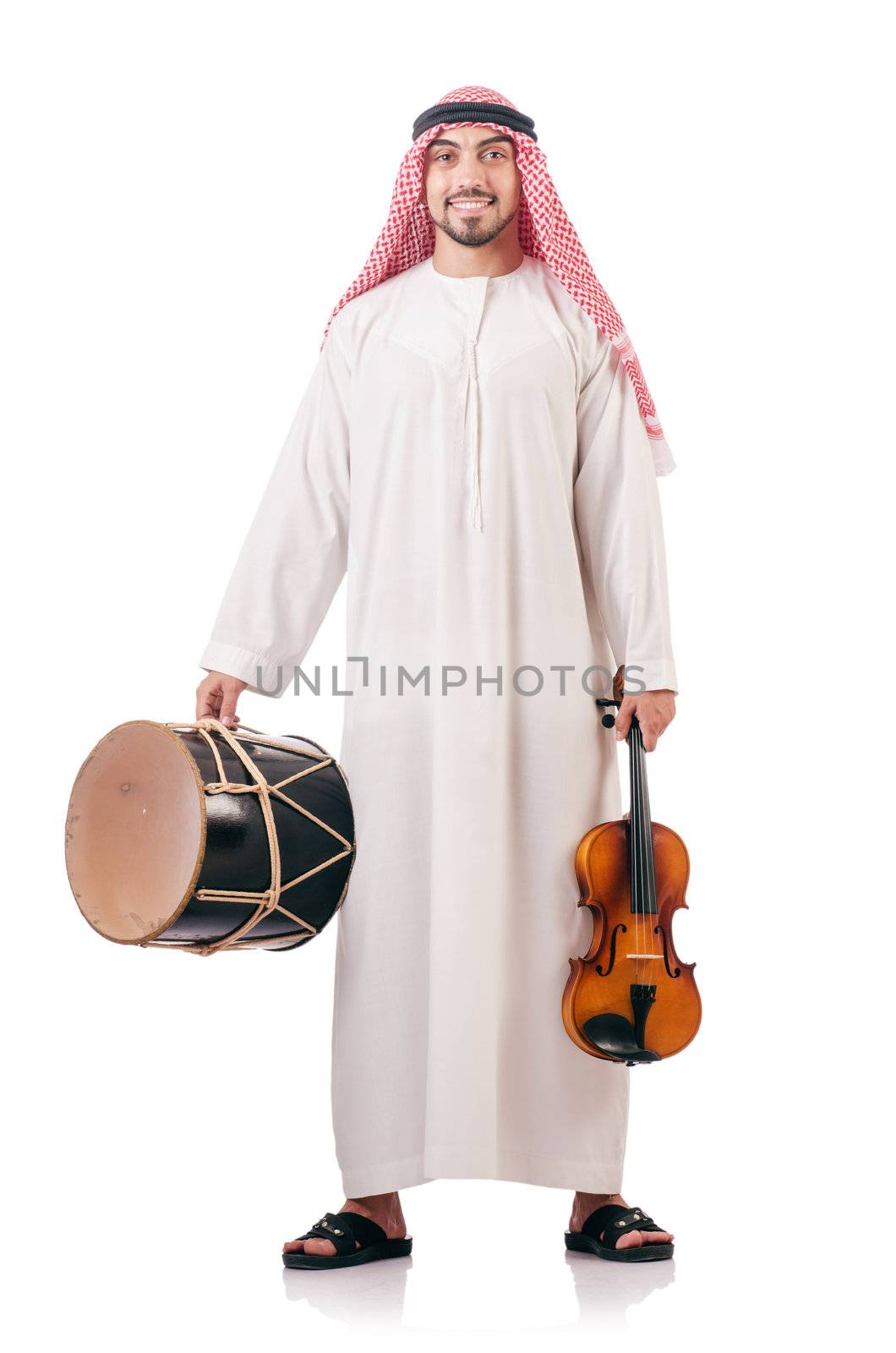 Arab man playing violin isolated on white