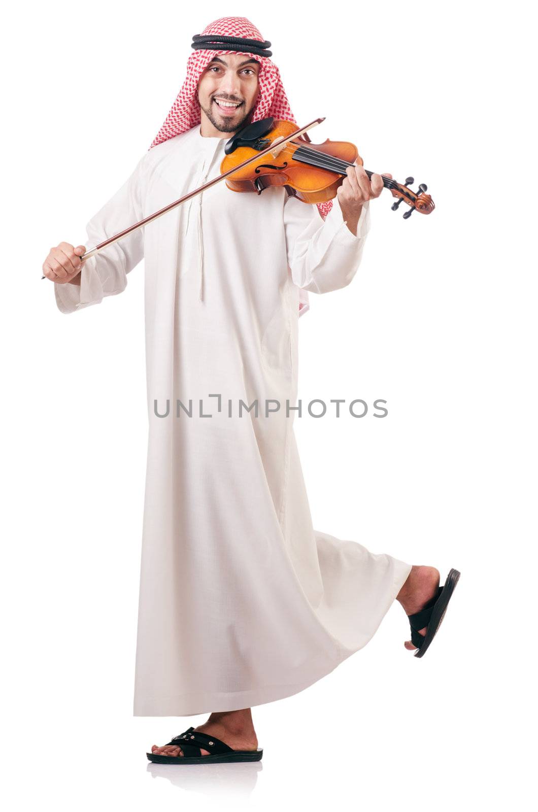 Arab man playing violin isolated on white