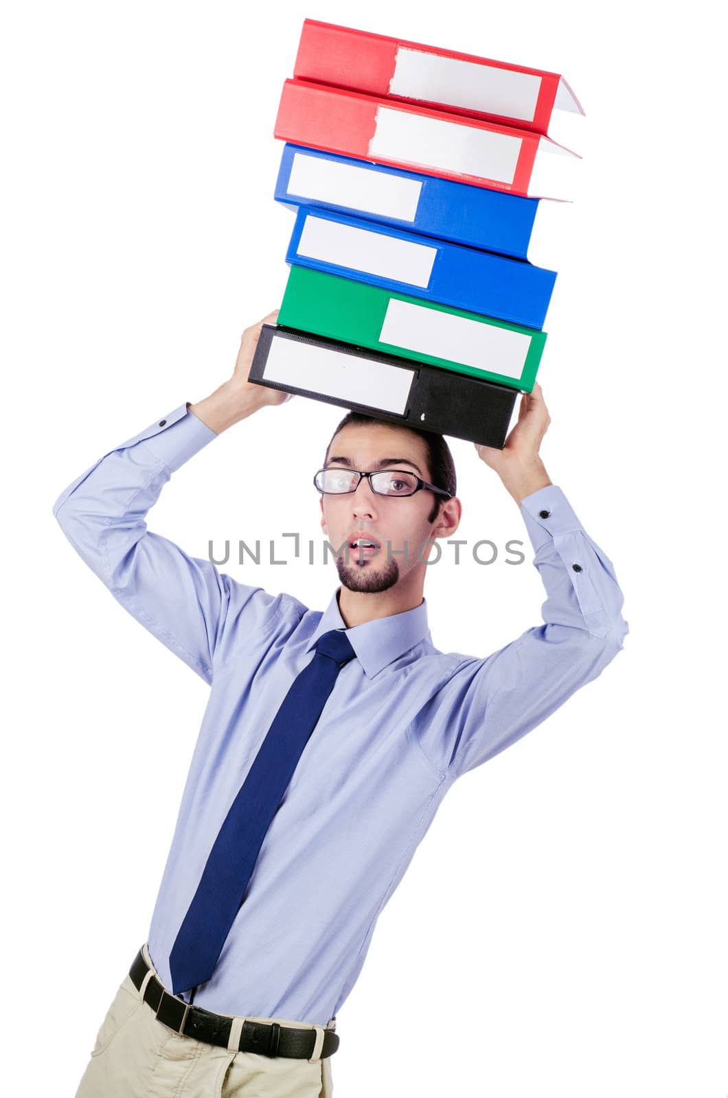 Businessman with lots of folders isolated on white