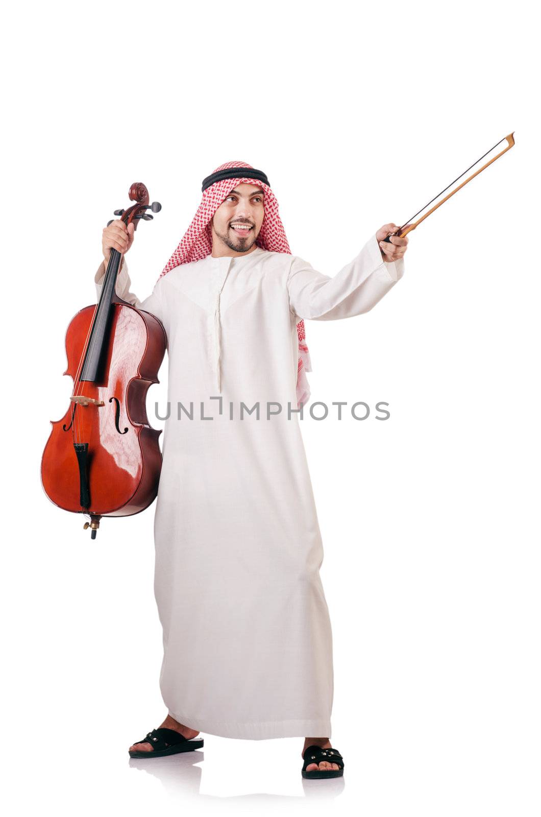 Arab man playing violin isolated on white