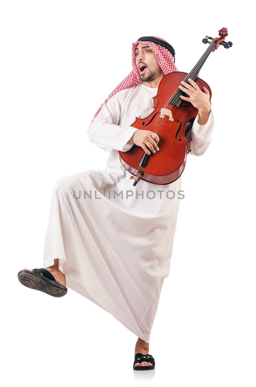 Arab man playing violin isolated on white