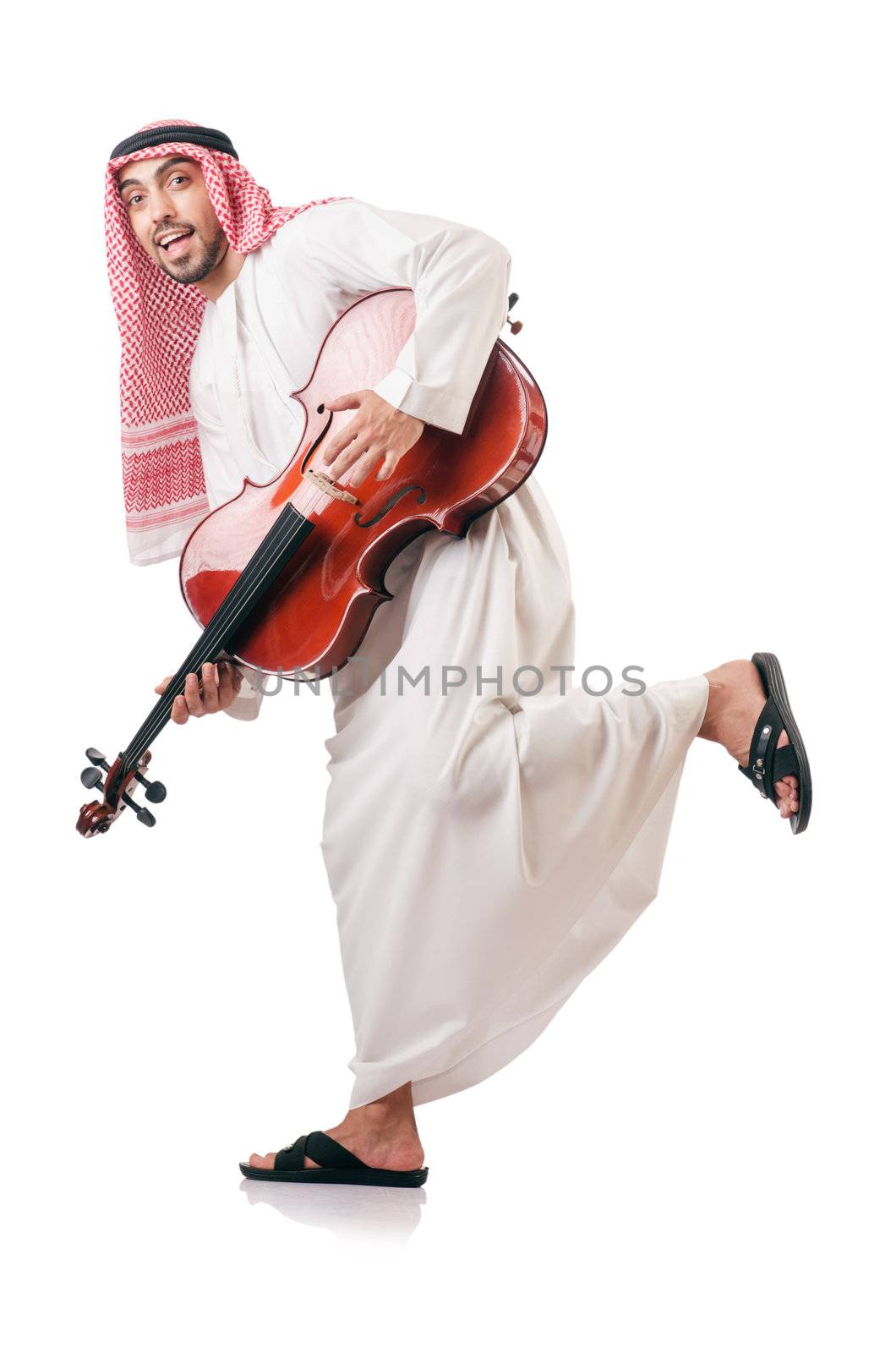 Arab man playing violin isolated on white