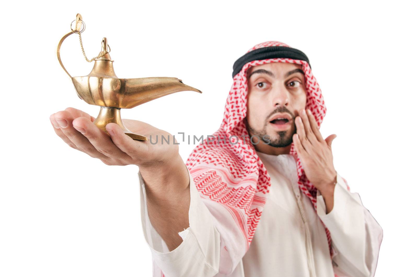 Arab man with lamp isolated on white