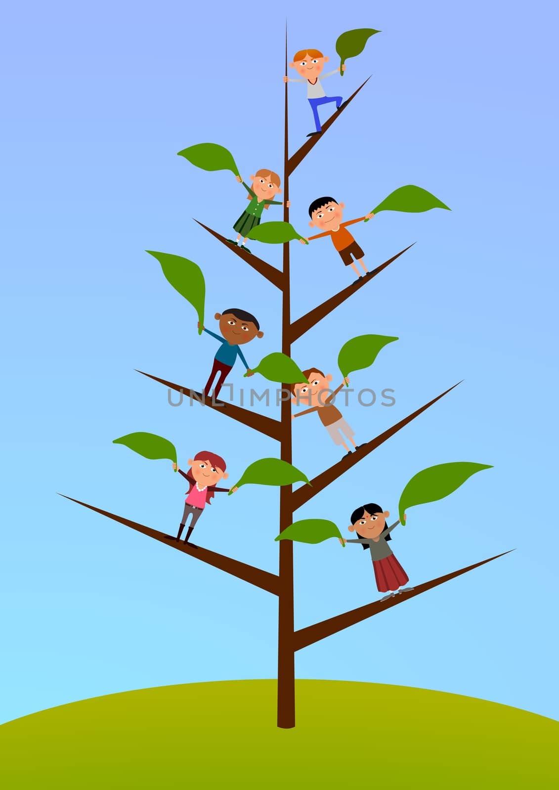 Illustration of Children on a tree holding leaves