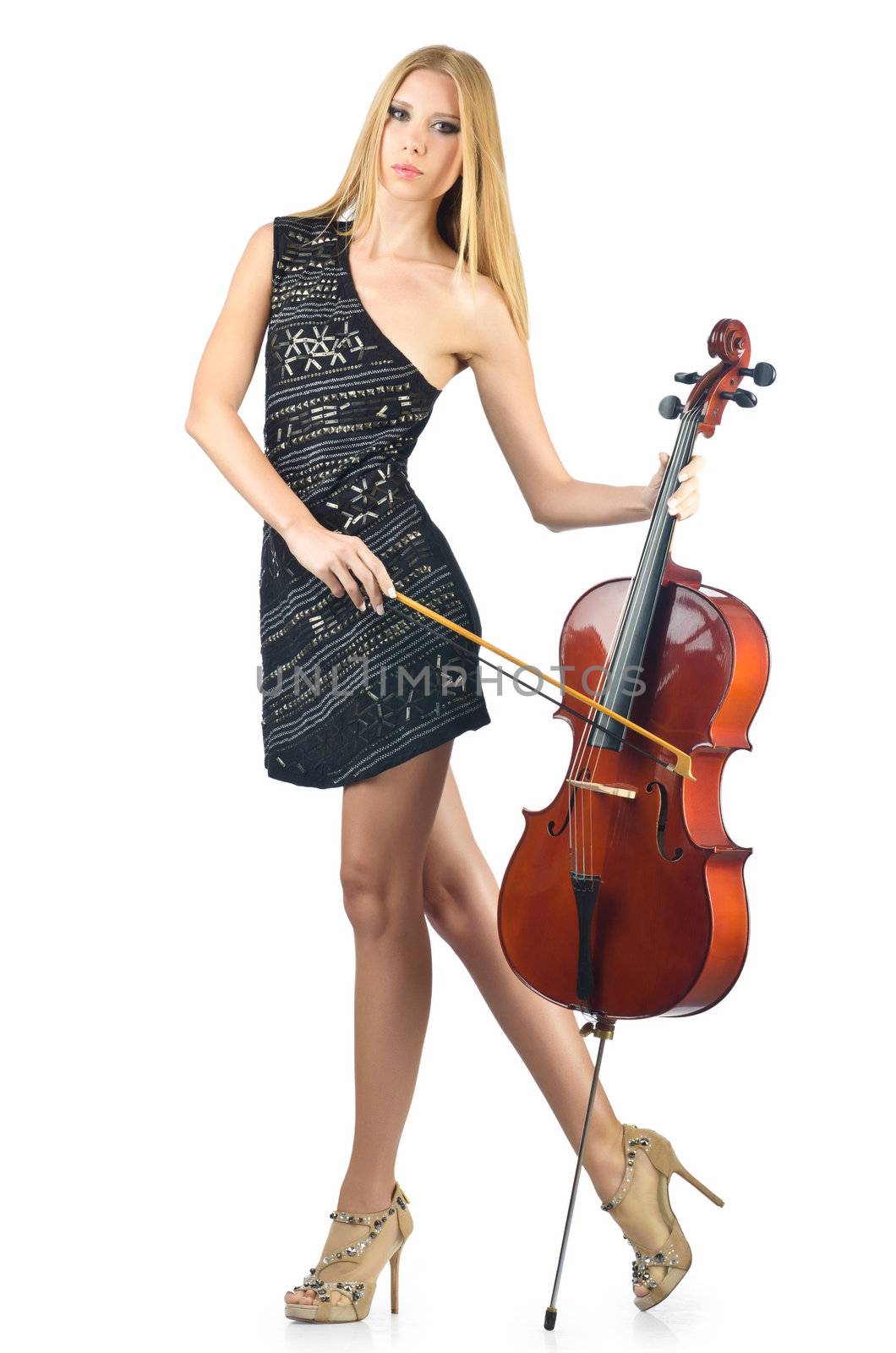 Woman performer with cello on white by Elnur