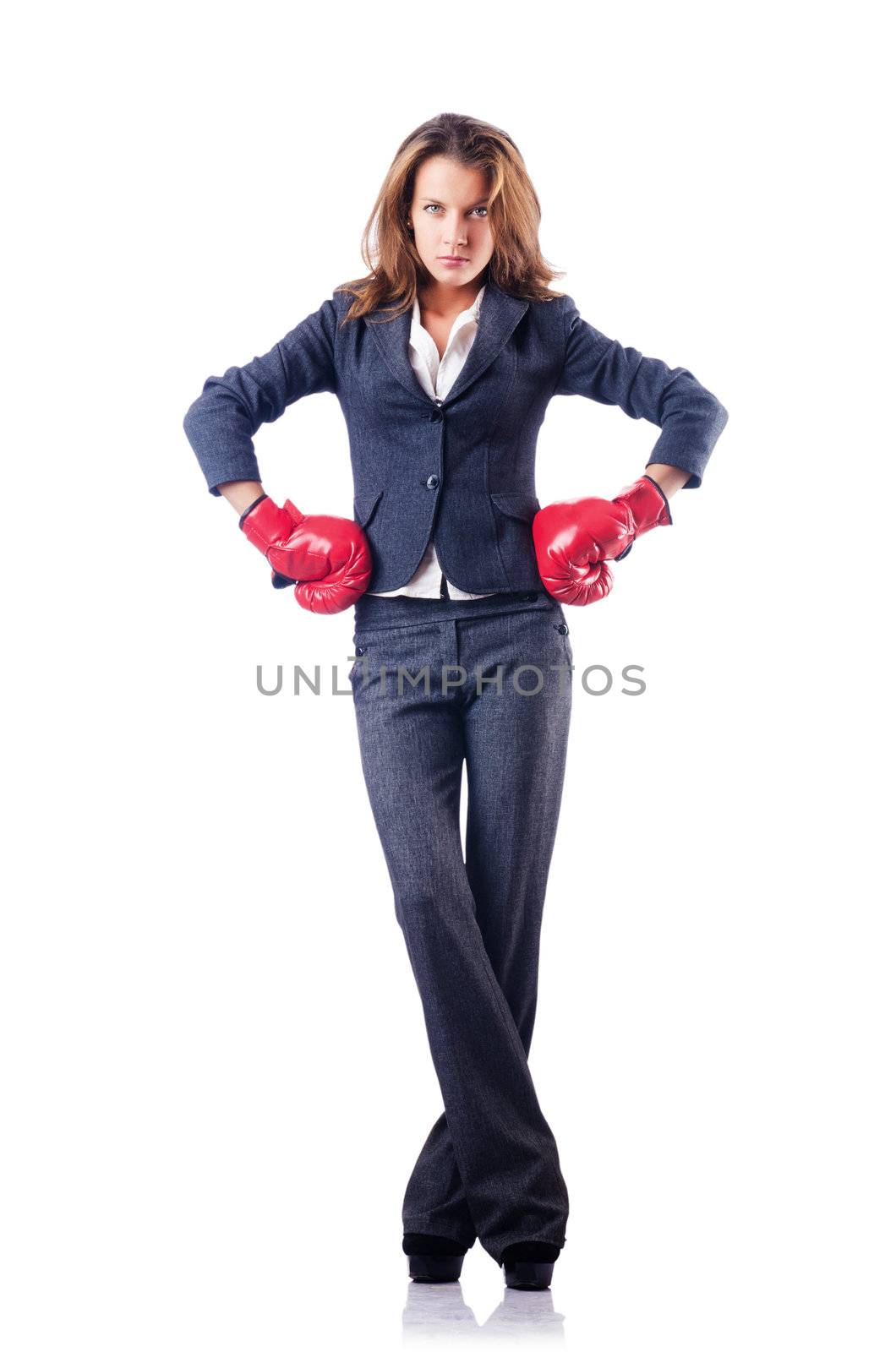 Woman businesswoman with boxing gloves on white by Elnur
