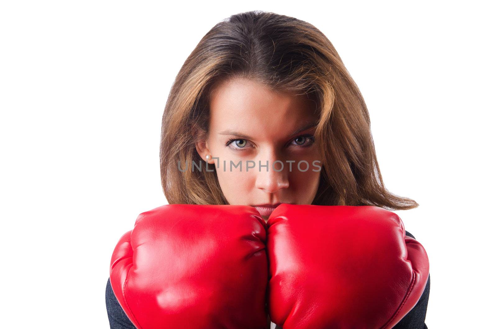 Woman businesswoman with boxing gloves on white