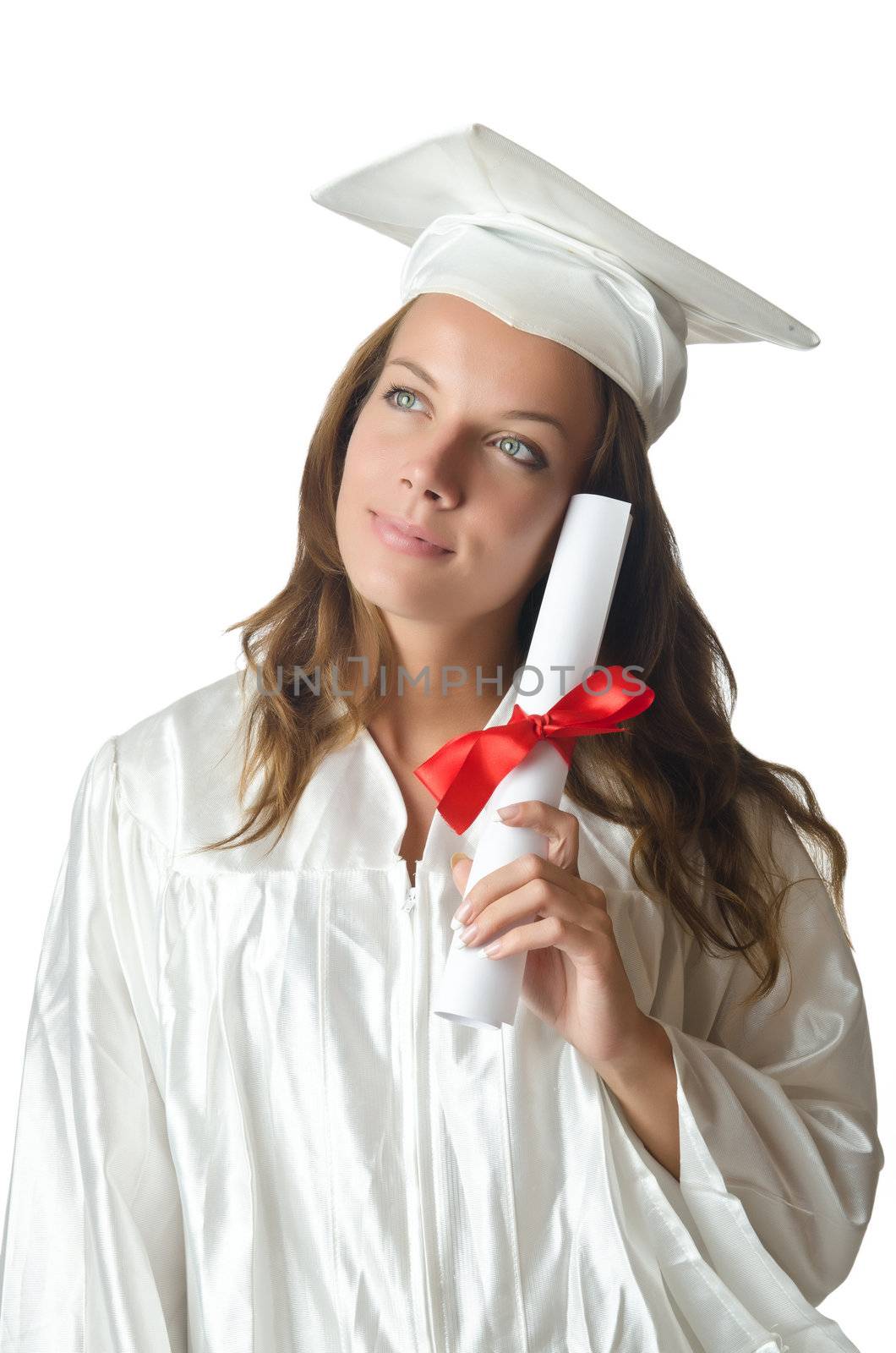 Young student with diploma on white by Elnur