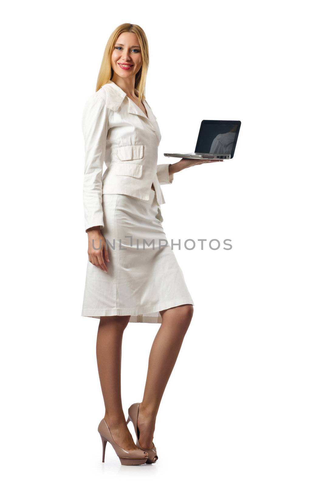 Attractive businesswoman with laptop on white by Elnur