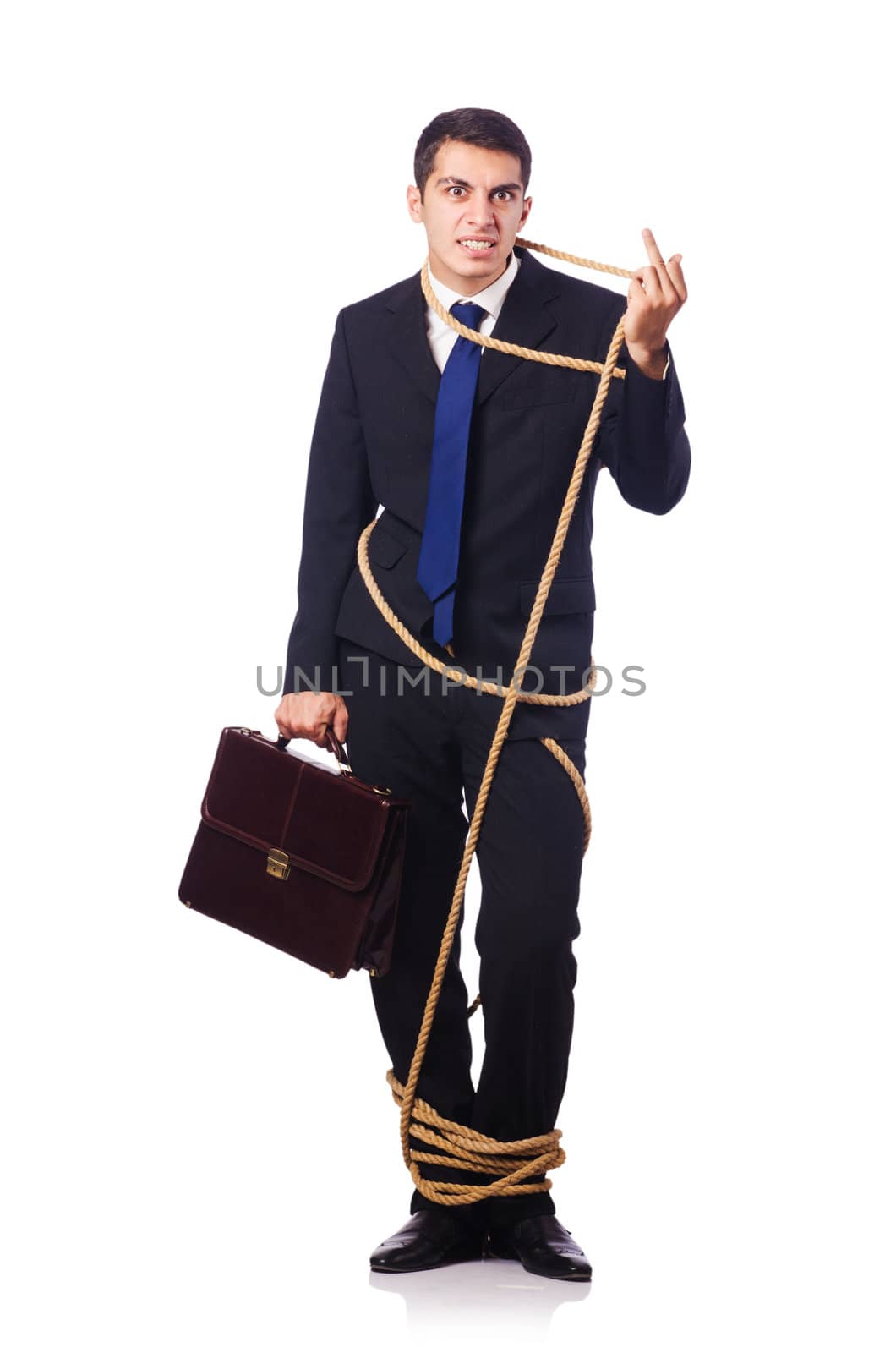 Businessman tied up with rope on white by Elnur