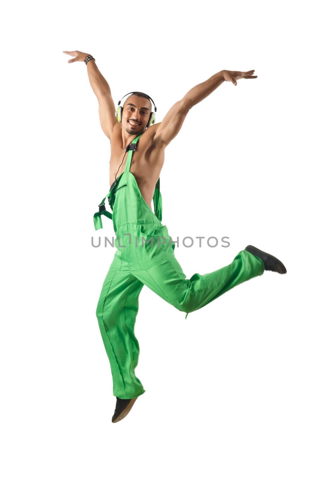 Construction worker jumping and dancing
