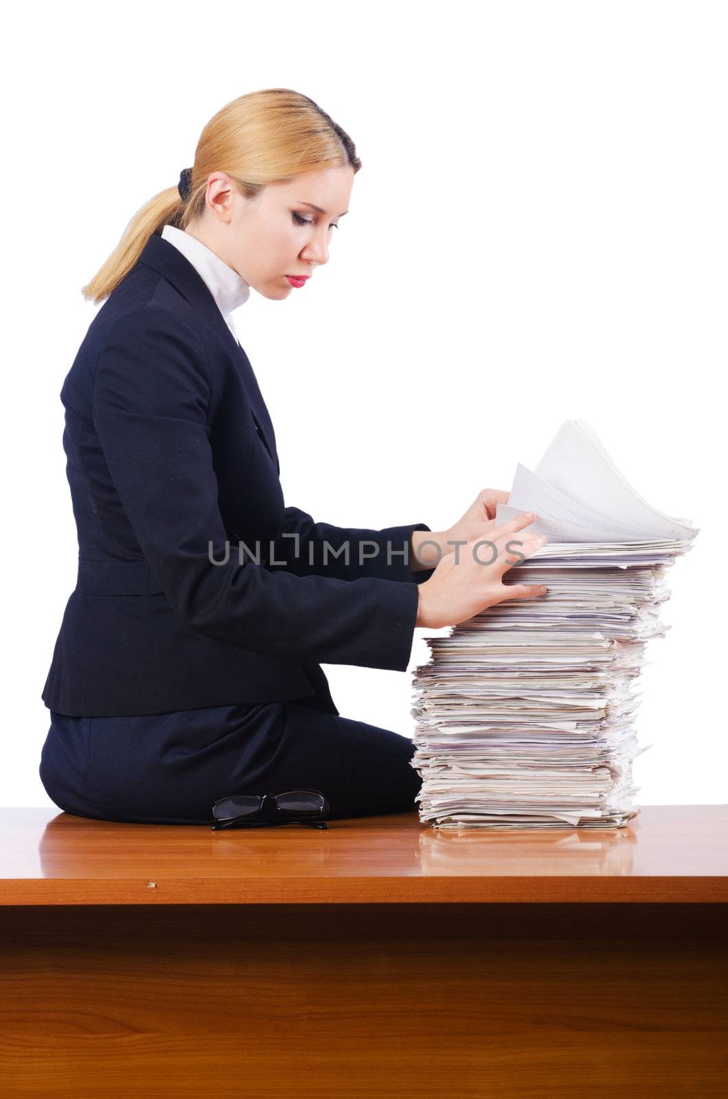 Woman businesswoman with lots of papers