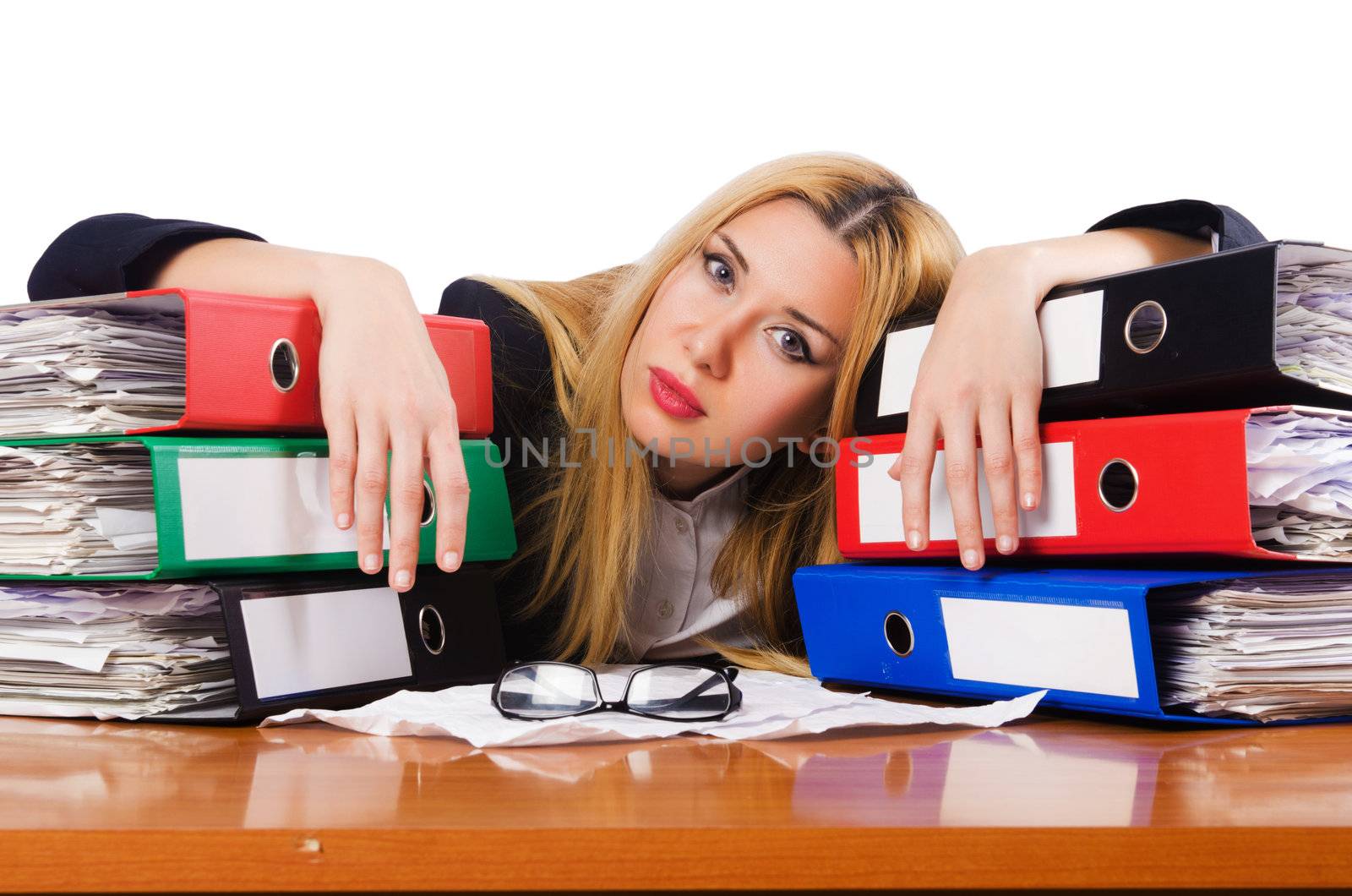 Busy woman with stacks of paper