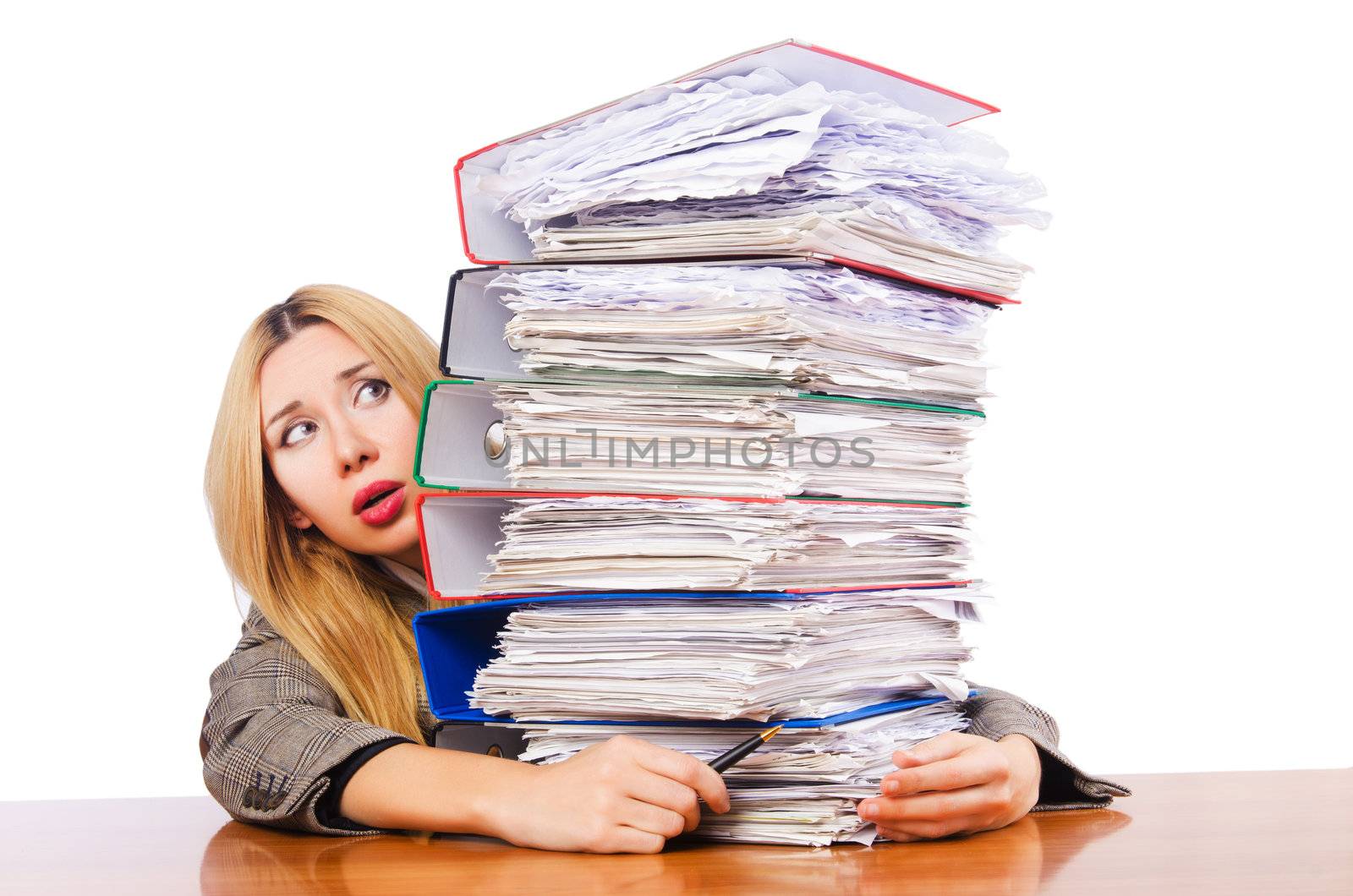 Busy woman with stacks of paper by Elnur