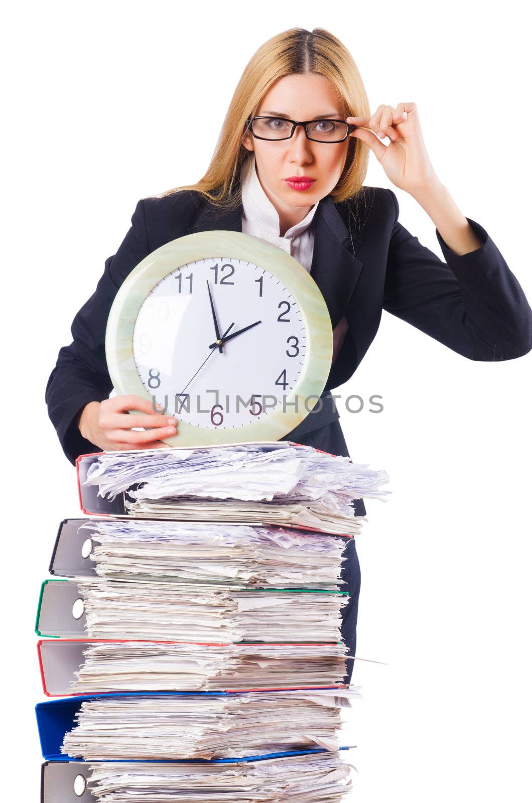 Busy woman with clock on white