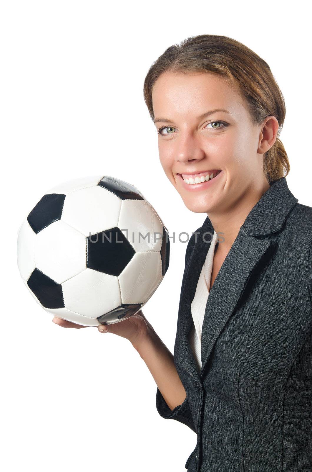 Businesswoman with football on white by Elnur