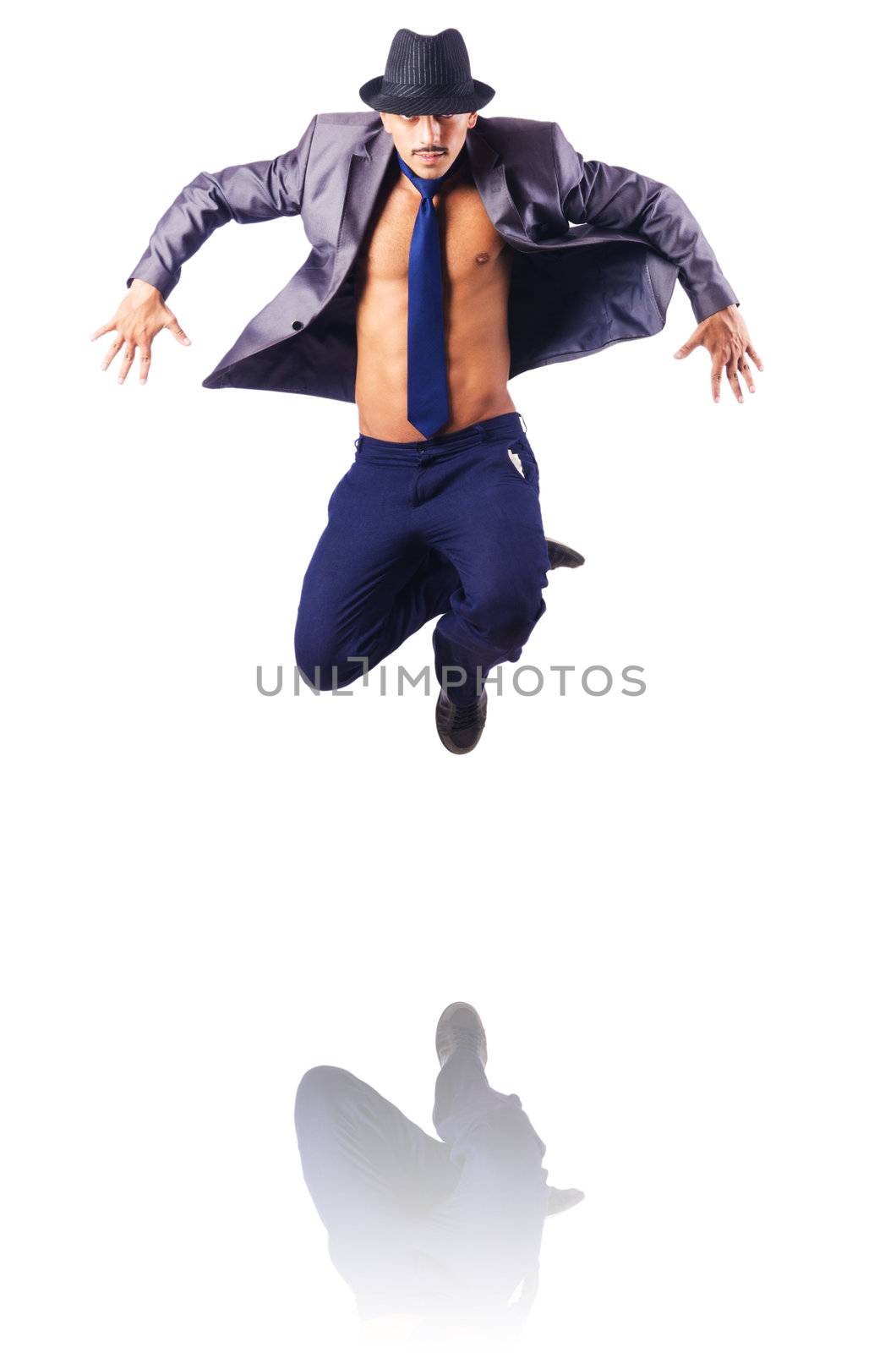Muscular half naked businessman jumping on white by Elnur