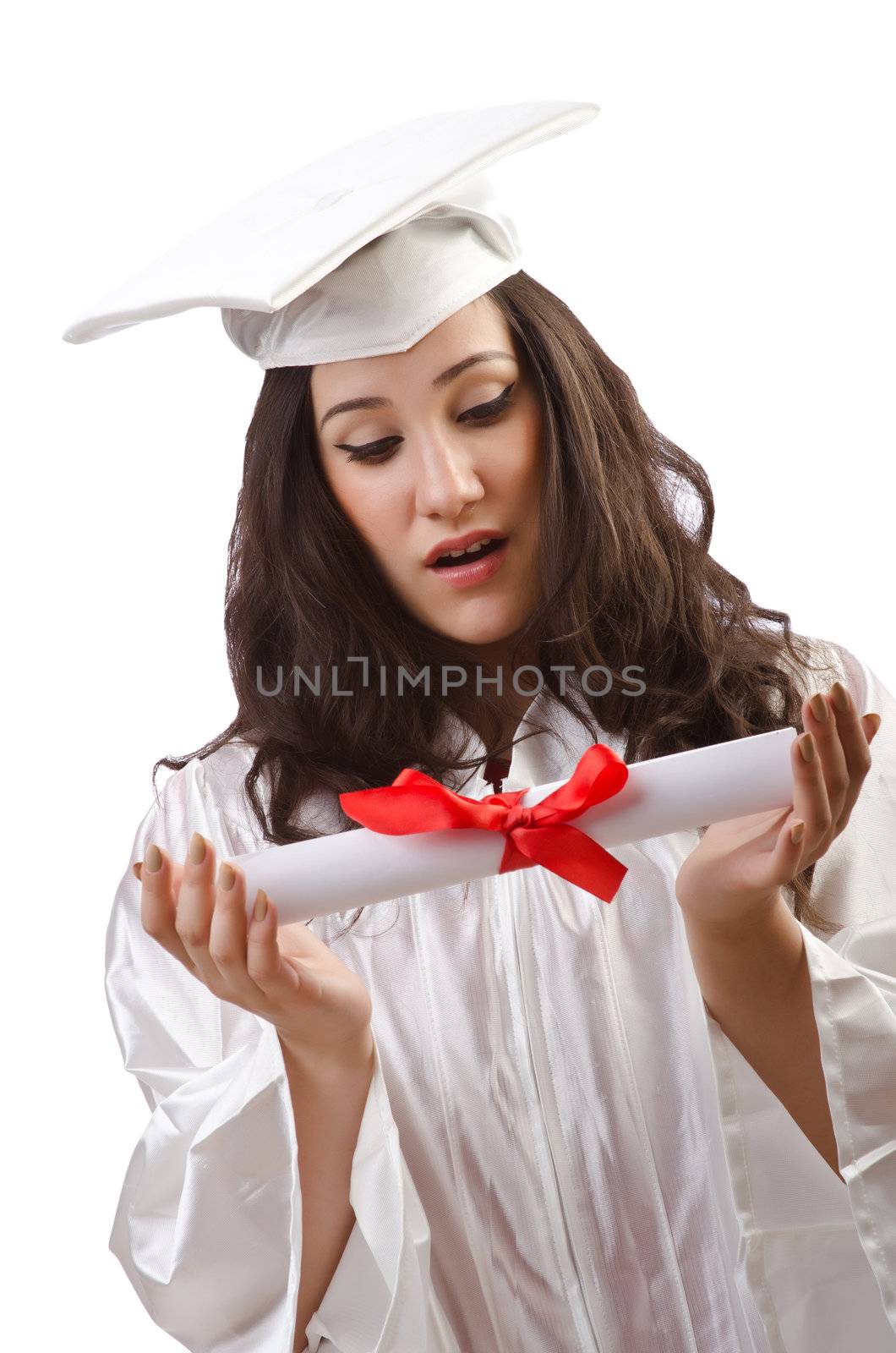 Happy graduate on white background