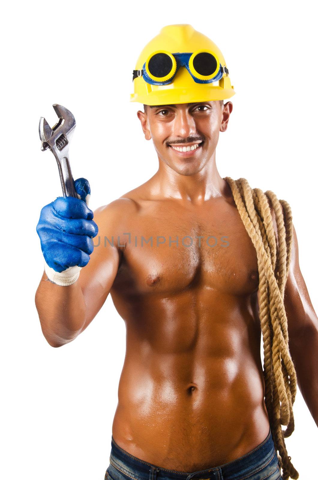 Naked construction worker on white by Elnur