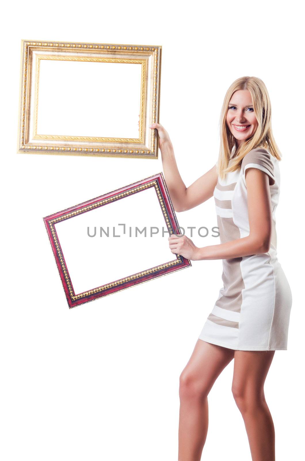 Woman with picture frame on white