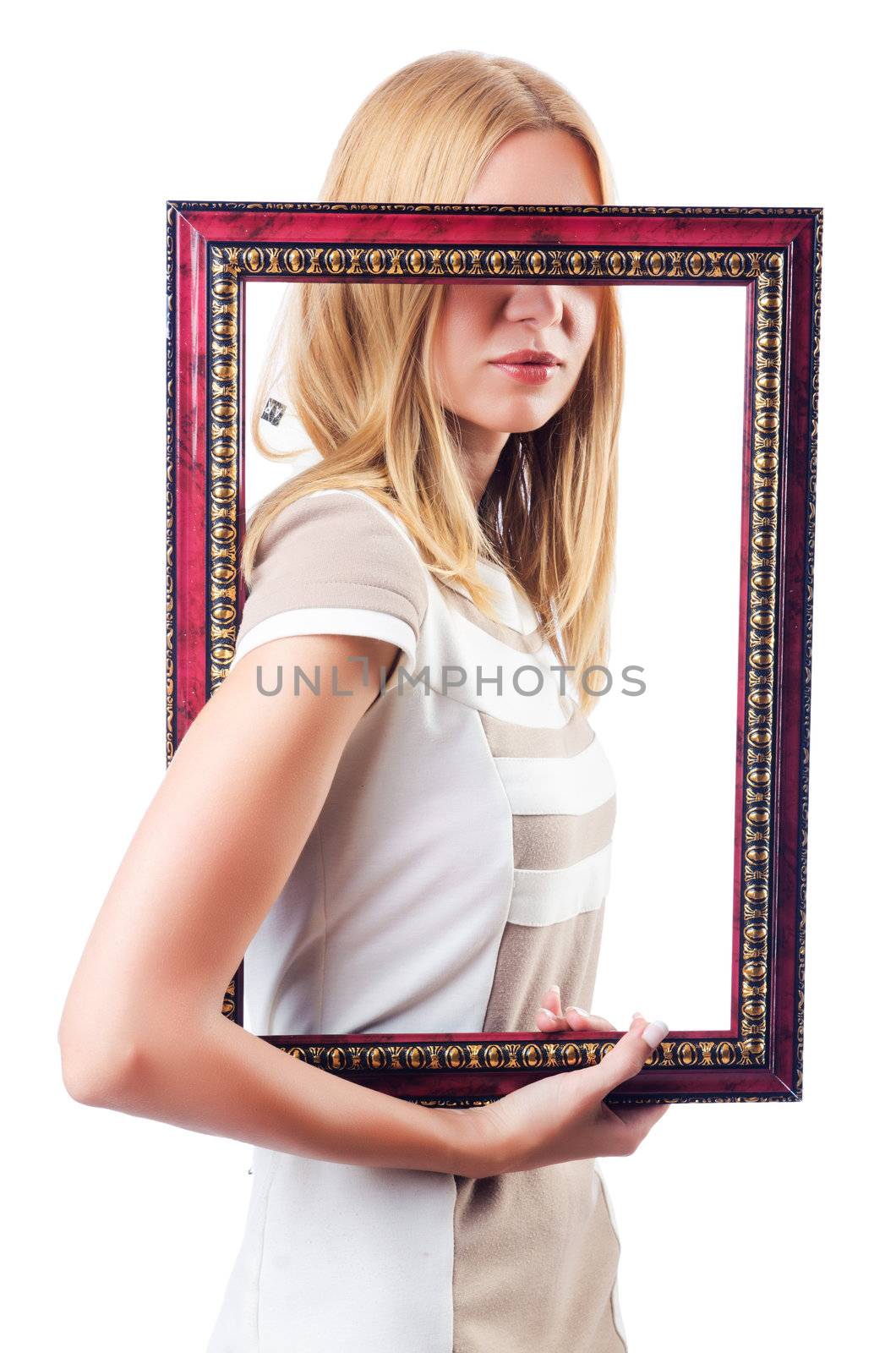 Woman with picture frame on white