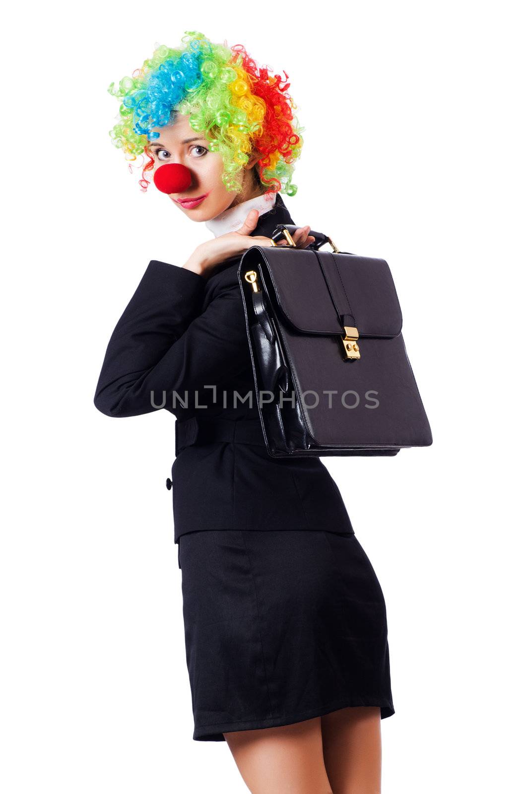 Businesswoman in clown costume on white by Elnur