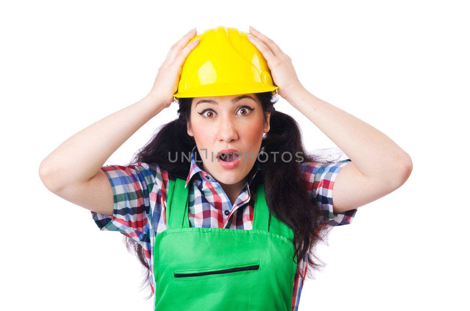 Female construction worker isolated on white by Elnur