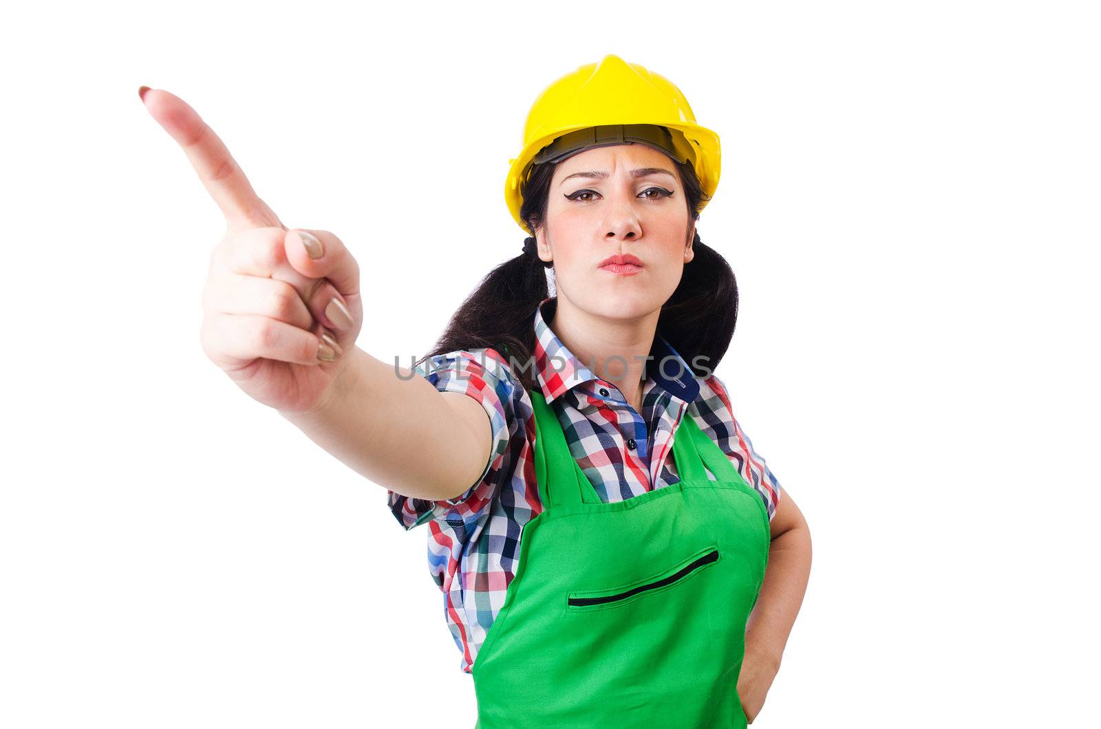 Female construction worker isolated on white