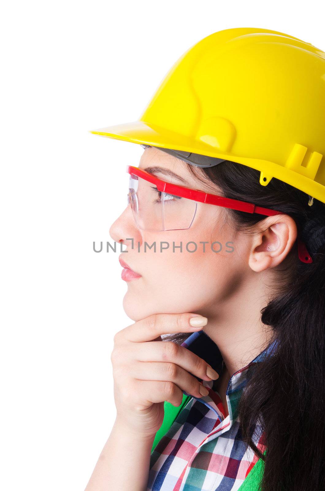 Female construction worker isolated on white
