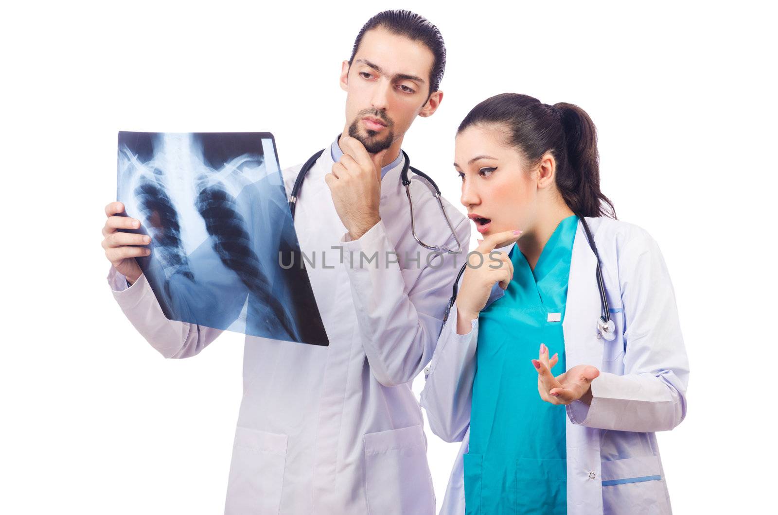 Two doctors looking at x-ray image on white