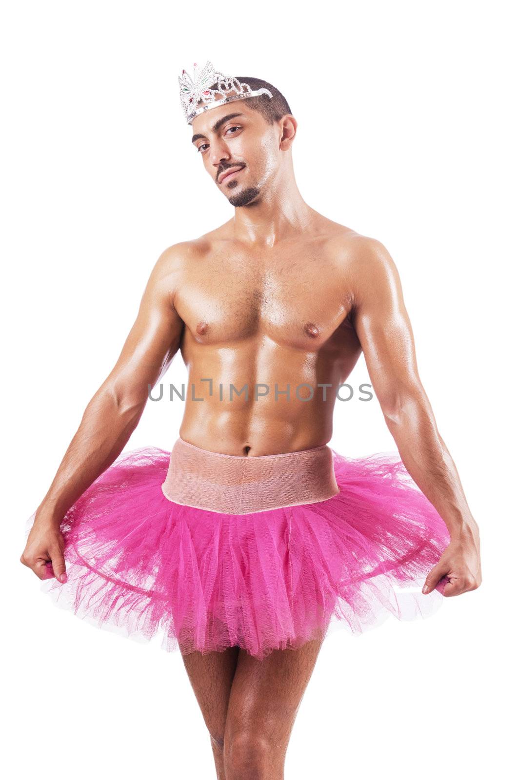 Muscular ballet performer in funny concept