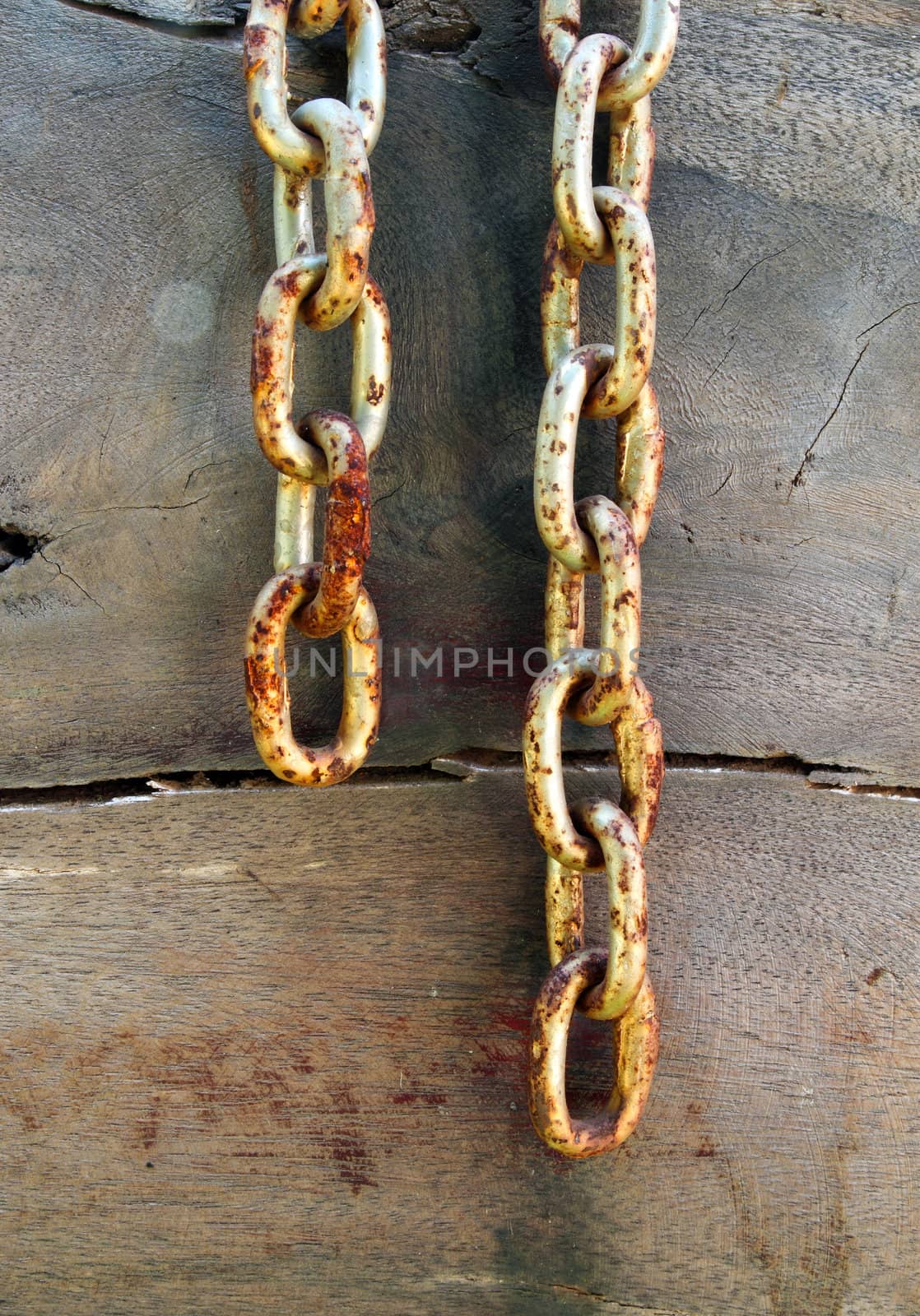 Old rusty chain on wooden background