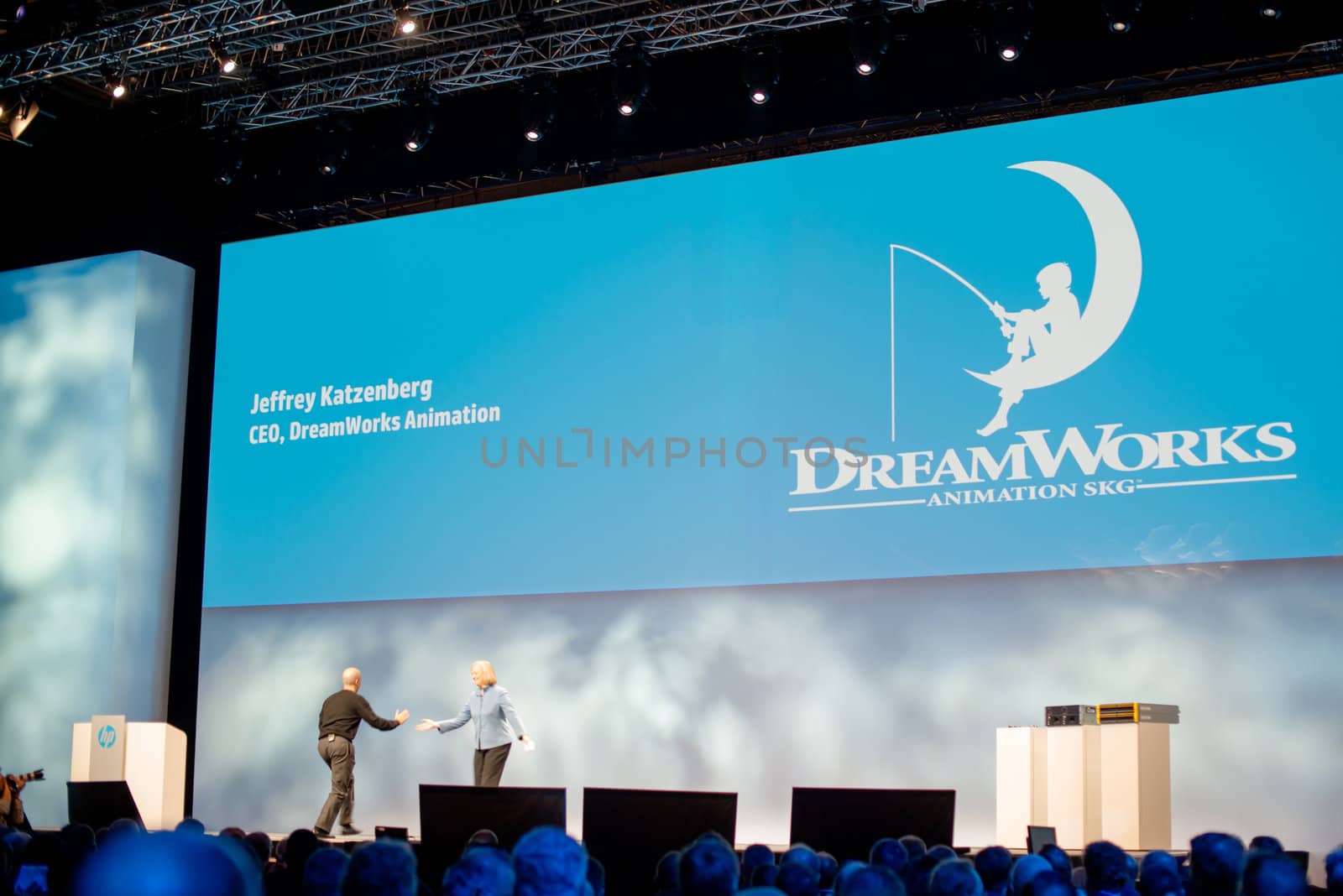FRANKFURT – DECEMBER 4, 2012: HP president and CEO Meg Whitman welcomes Dreamworks CEO Jeffrey Katzenberg for a keynote at HP Discover 2012 conference on December 4, 2012 in Frankfurt, Germany.