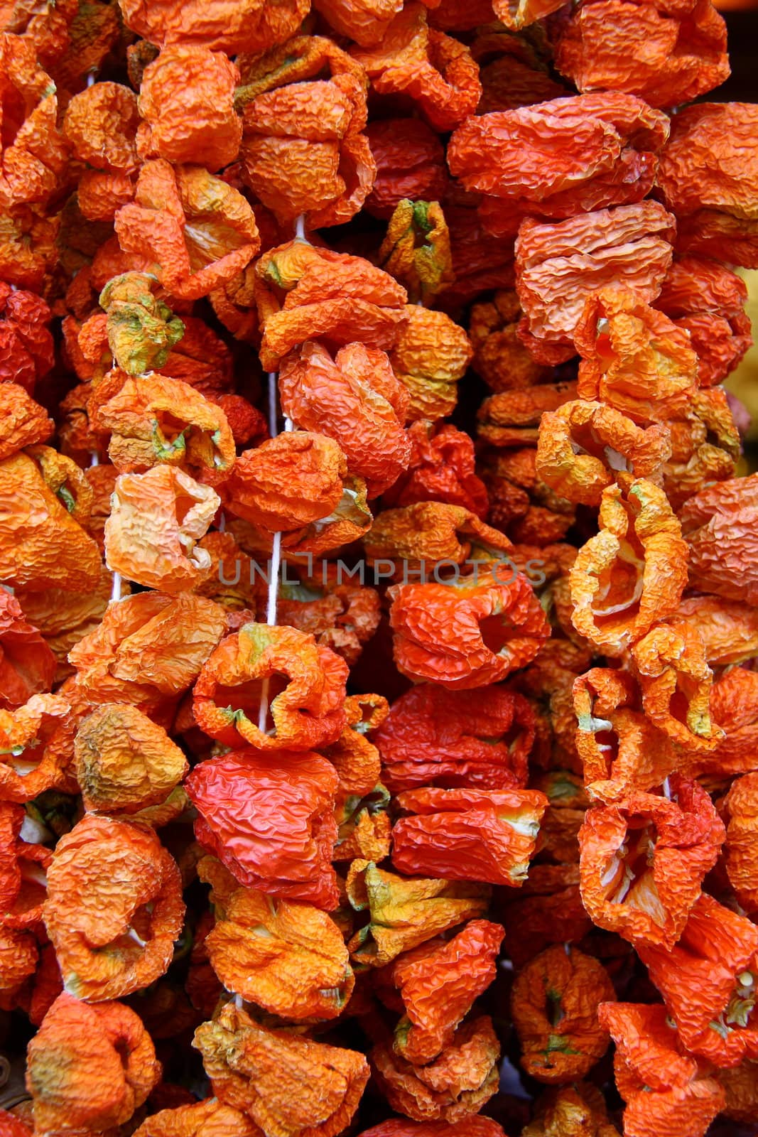 red dry peppers on rope for cooking, its made in Turkey and shops sell these in bazaars