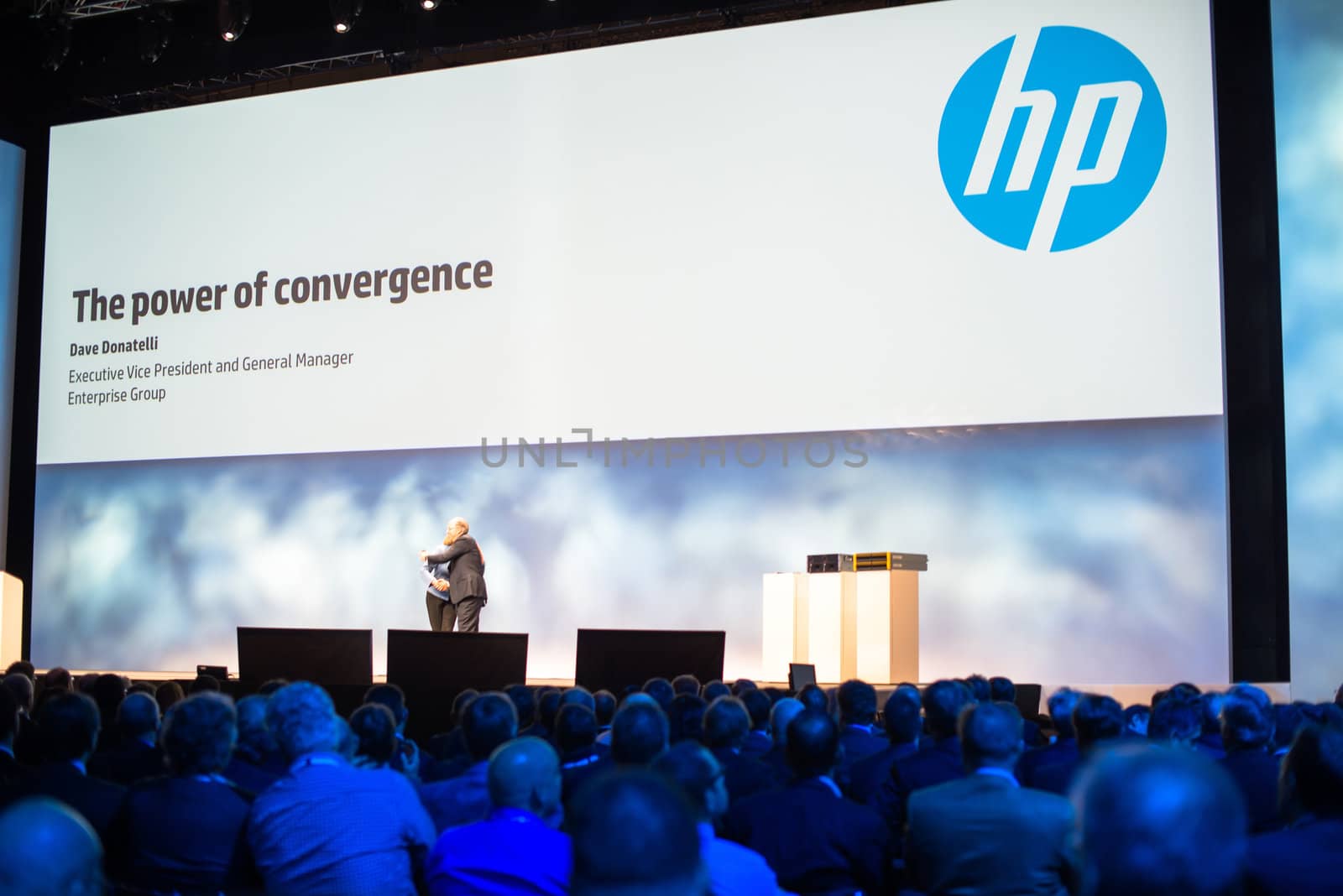 FRANKFURT – DECEMBER 4, 2012: HP president and CEO Meg Whitman welcomes Execute Vice President Dave Donatelli for a keynote at HP Discover 2012 conference on December 4, 2012 in Frankfurt, Germany.