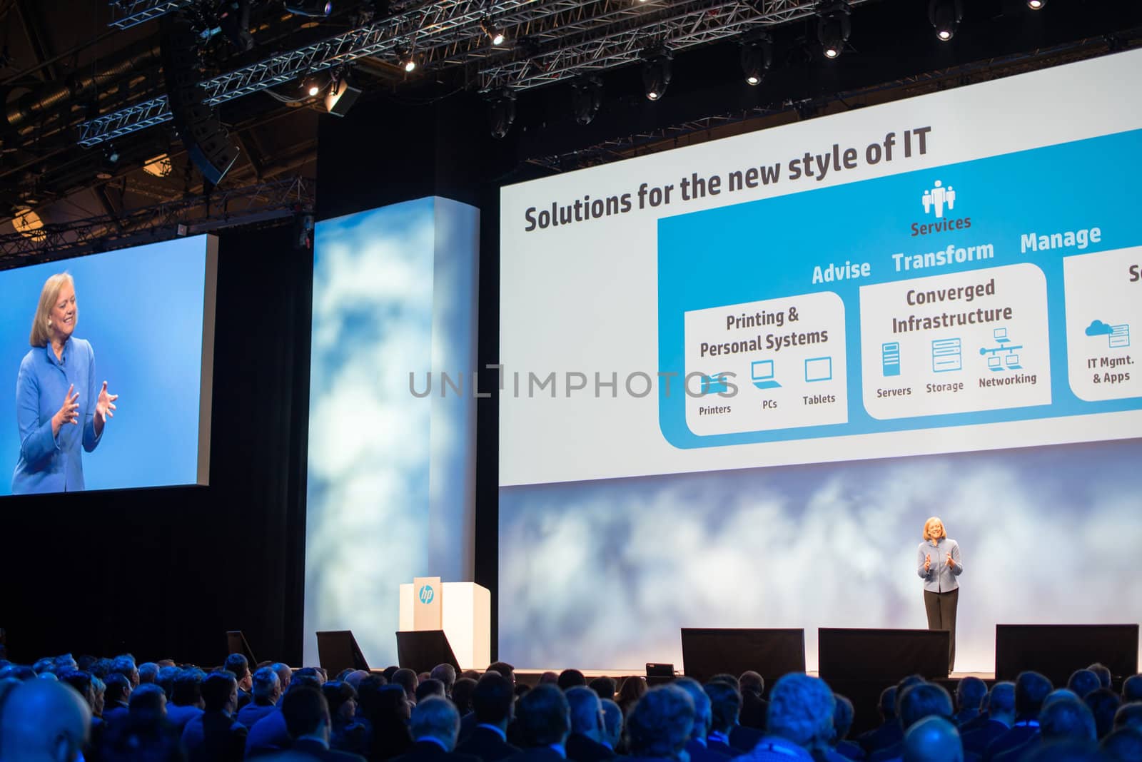 FRANKFURT – DECEMBER 4, 2012: HP president and CEO Meg Whitman delivers a keynote at HP Discover 2012 conference on December 4, 2012 in Frankfurt, Germany.