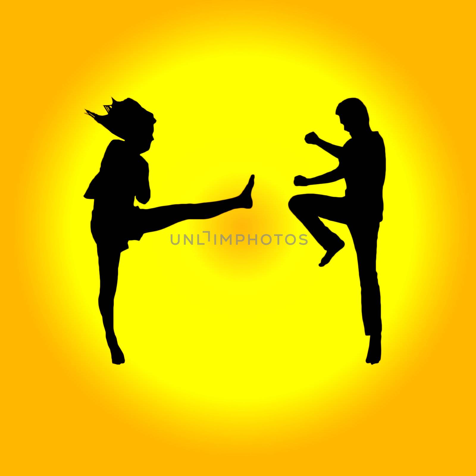 Silhouette of fighting jumping on background by geargodz