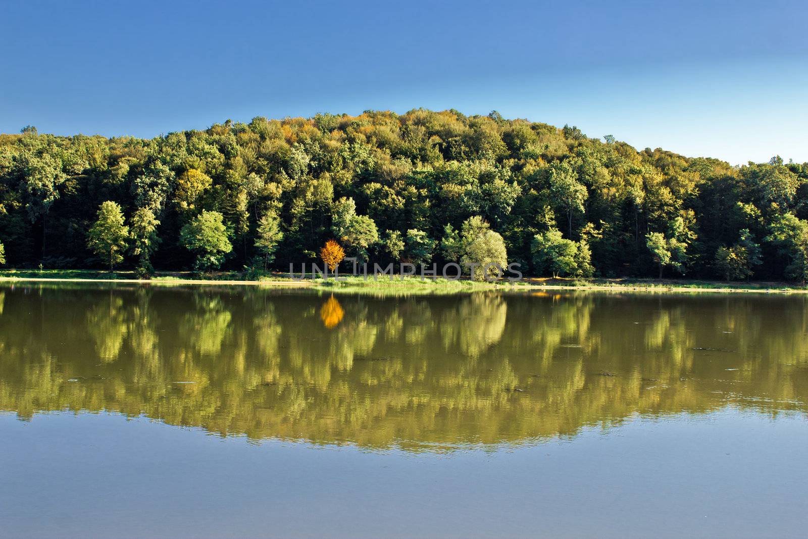 Idyllic autumn reflections on lake surface, Ravenska kapela lake, Croatia